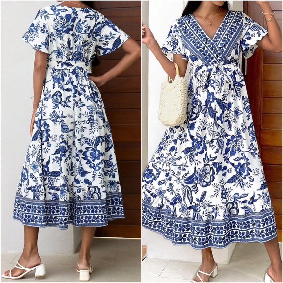 Maternity Floral Print Butterfly Sleeve Belted Maxi Dress - Picture 1 of 3